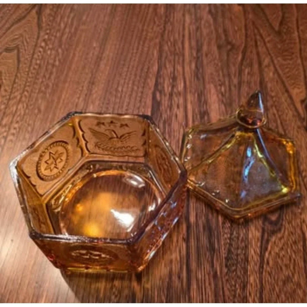 Vintage Tiara Indiana Glass Amber Eagle and Stars Hexagon Candy Dish Patriotic